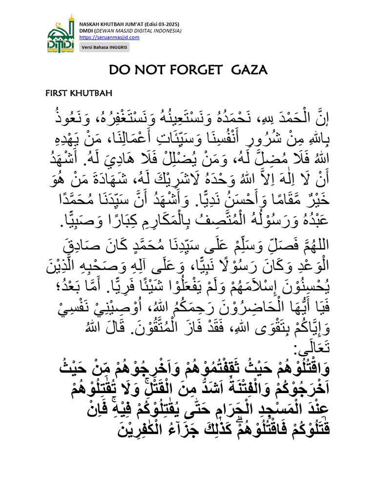 ENGLISH-Khutbah-Jumat-03-2025-DMDI-DO NOT FORGET GAZA | PDF | Muhammad ...