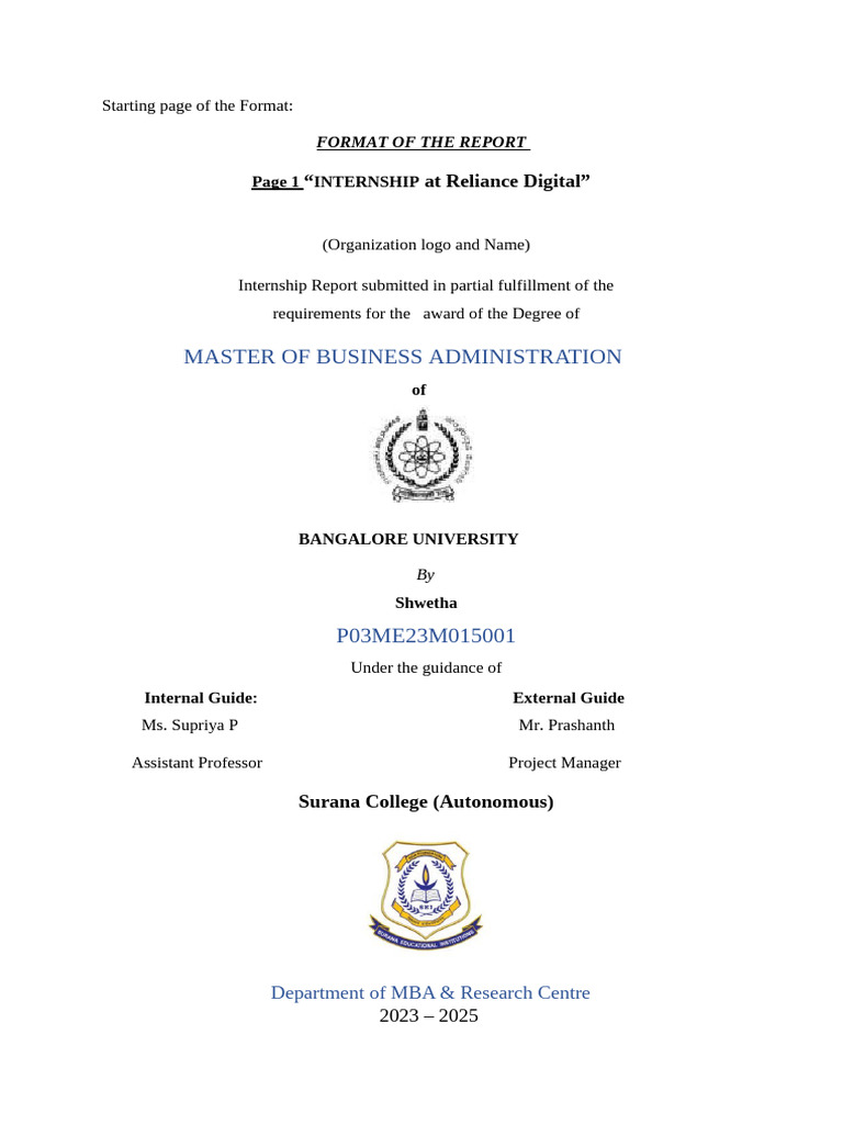 MBA Internship Report at Reliance Digital | PDF | Master Of Business ...