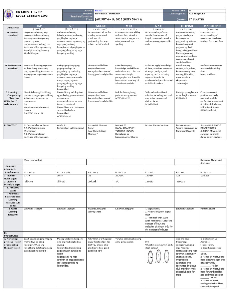 Daily Lesson Log for Grade 2 Subjects | PDF