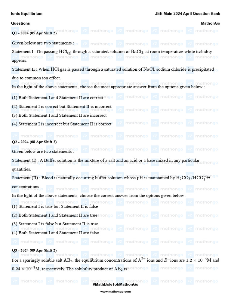 JEE Main 2024 Ionic Equilibrium Questions | PDF | Sodium Chloride ...
