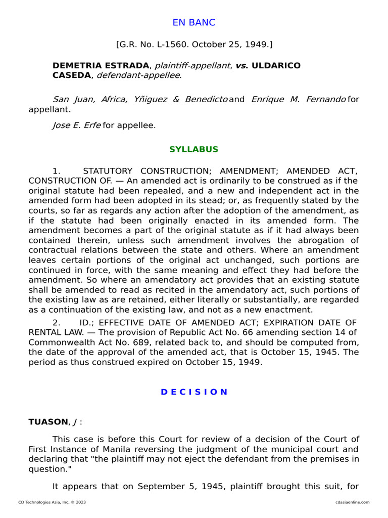 Ejectment Case Review: Estrada vs. Caseda | PDF | Lease | Repeal