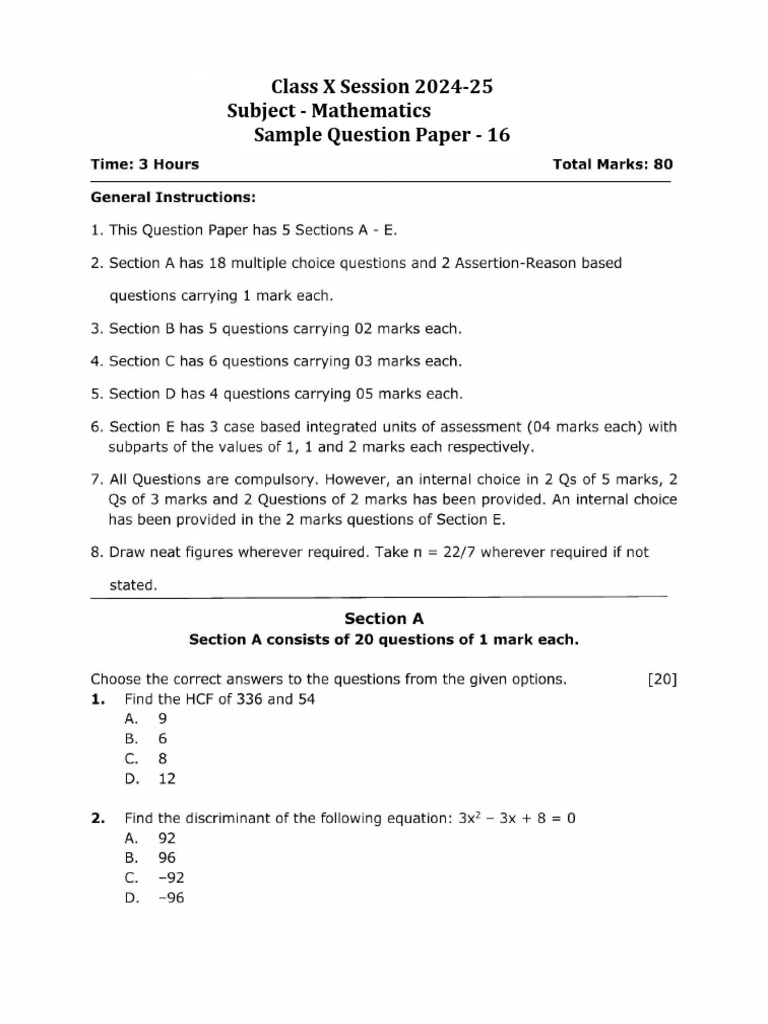 Class X Math Sample Paper 2024-25 | PDF