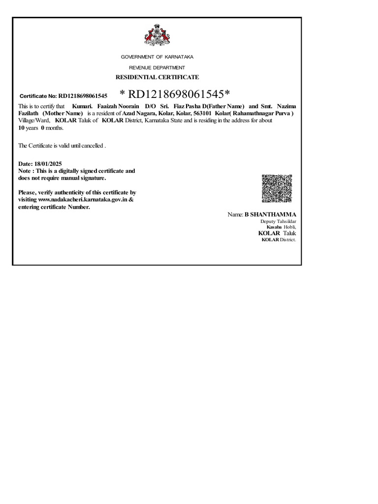 Karnataka Residential Certificate RD1218698061545 | PDF