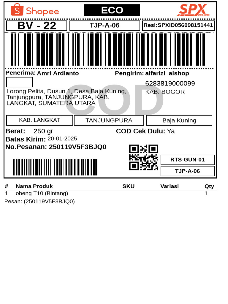 Resi Pengiriman Obeng T10 COD Bogor | PDF