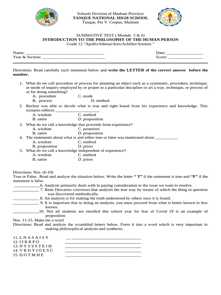 Grade 12 Philosophy Summative Test | PDF | Argument | Logic
