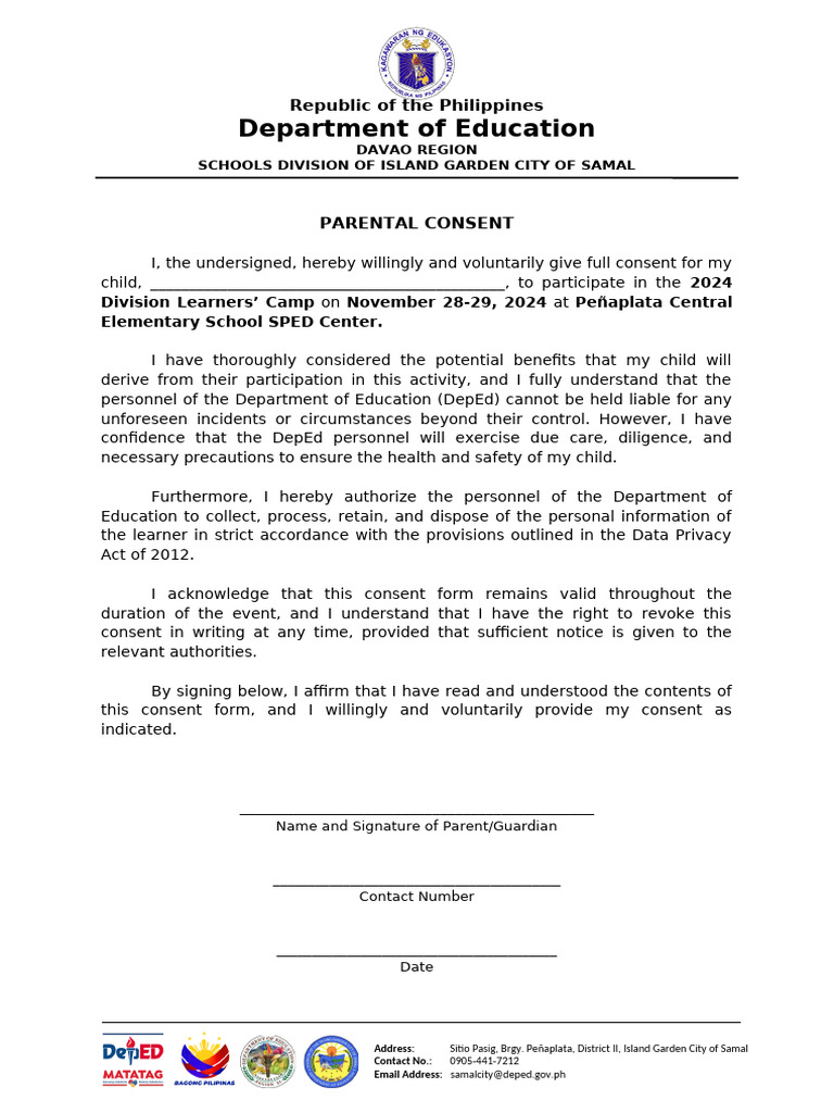 Parental Consent for Learners' Camp 2024 | PDF