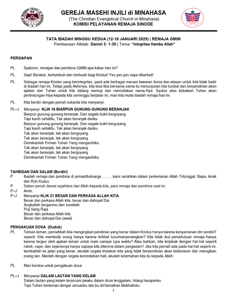 Tata Ibadah Remaja GMIM: Integritas Kristen | PDF