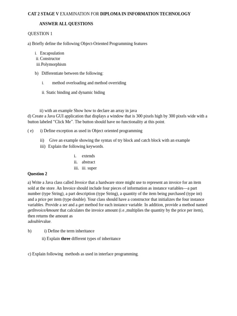 DIT 0503 Advanced Object Oriented Programming CAT2 | PDF | Method ...