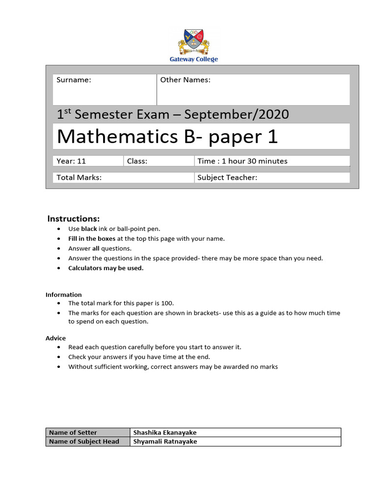 Mathematics B Exam Paper 1 Instructions | PDF | Line (Geometry ...