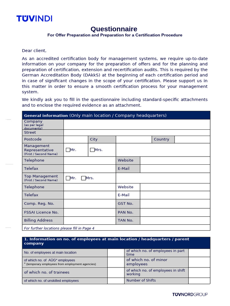 Certification Preparation Questionnaire | PDF | Iso 9000 | Audit