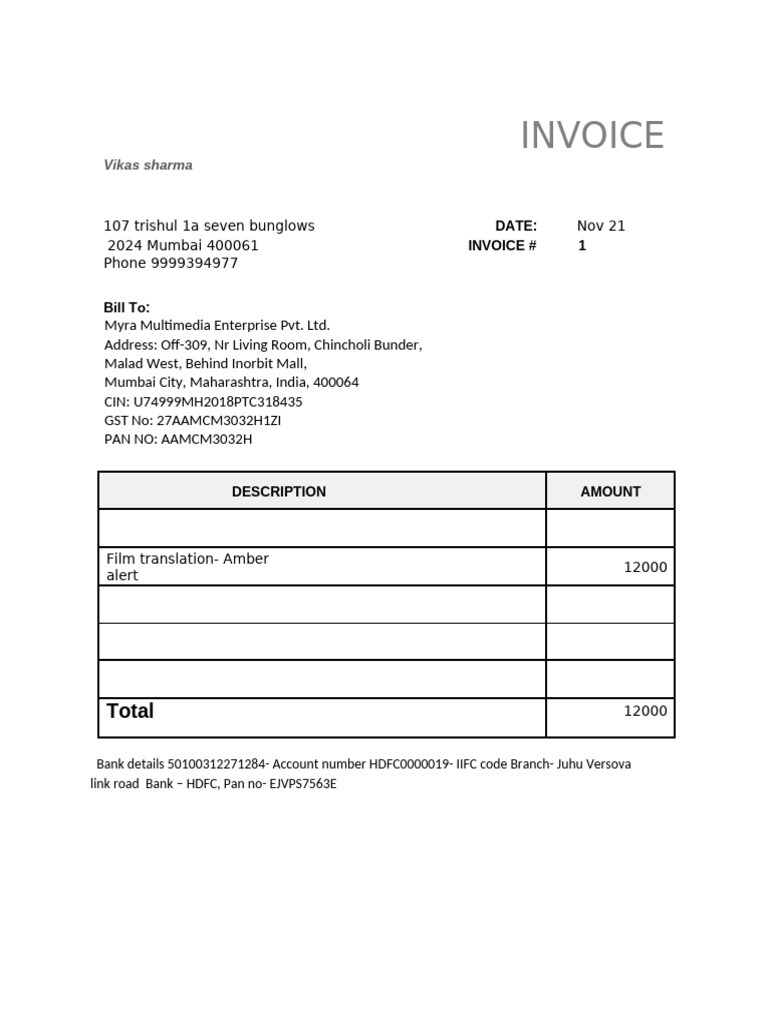 Invoice for Myra Multimedia | PDF