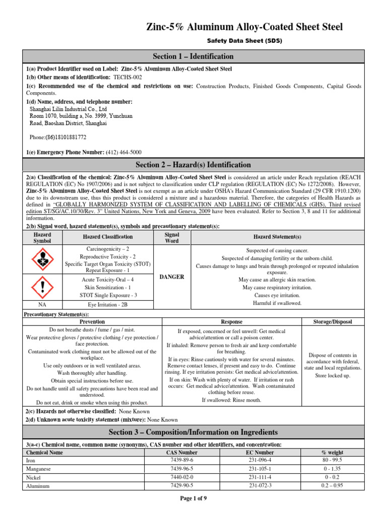 Mild Steel SDS for Zinc-Aluminum Coated Steel | PDF | Dangerous Goods ...