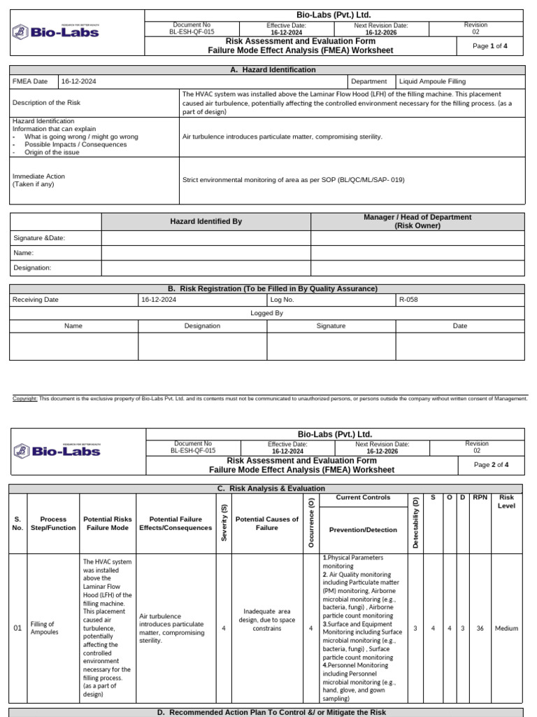 R059 Ampoule Filling Area | PDF | Risk | Safety