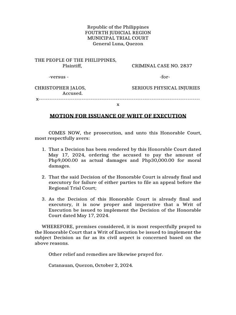 Writ of Execution Request | PDF | Prosecutor | Legal Procedure