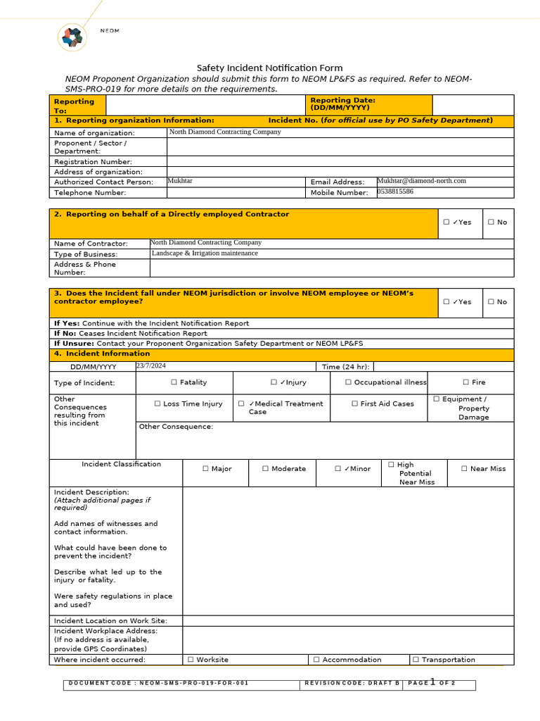 NEOM Safety Incident Notification Form | PDF