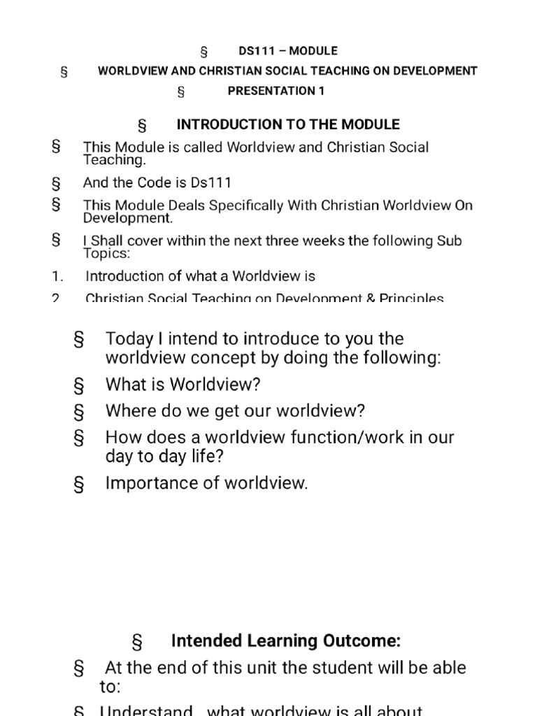 Presentation 1 Ds111 Worldview and Christian Social Teaching_phoenix | PDF