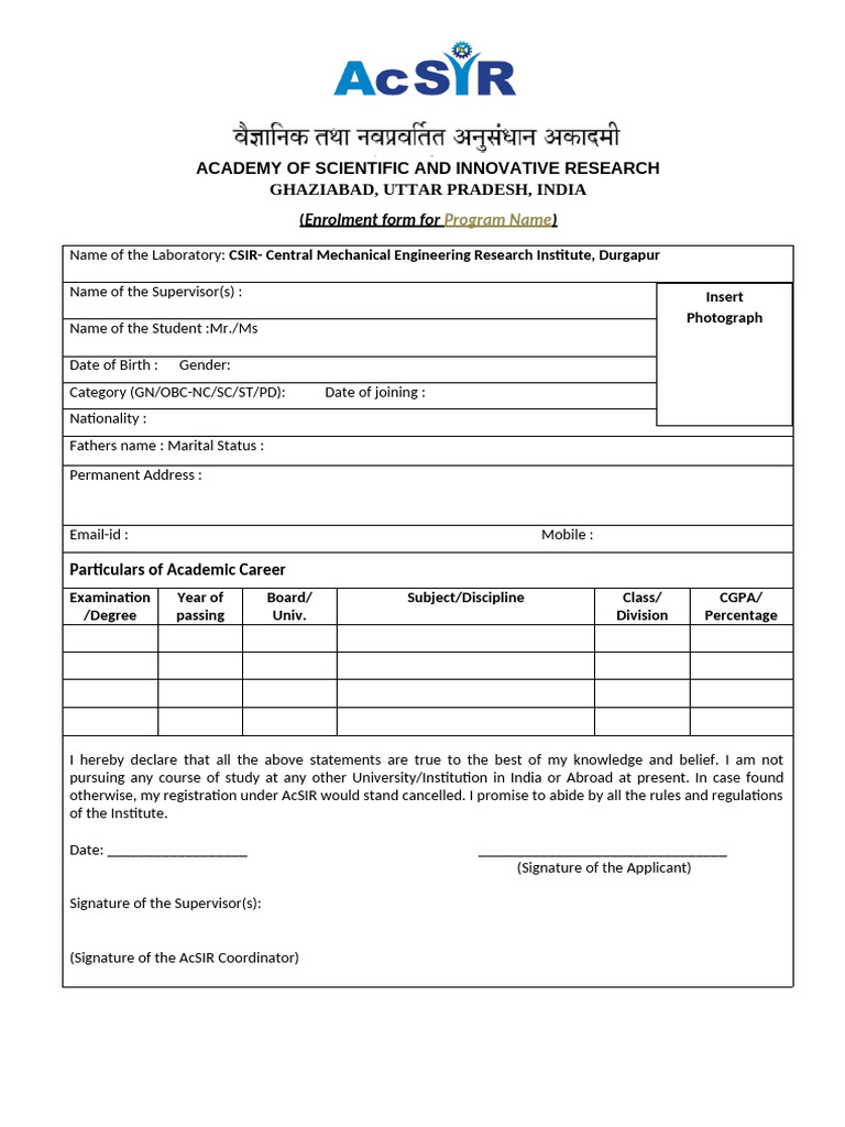 AcSIR Enrollment Form Template | PDF