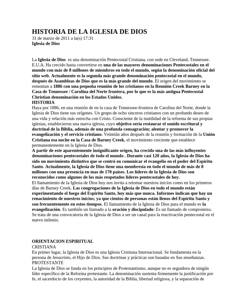 Historia de La Iglesia de Dios | PDF | Pentecostalismo | Iglesia Católica