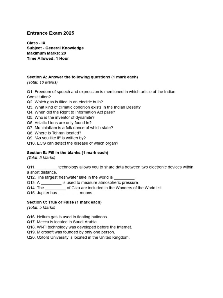 Entrance Exam 2025 Class - IX | PDF