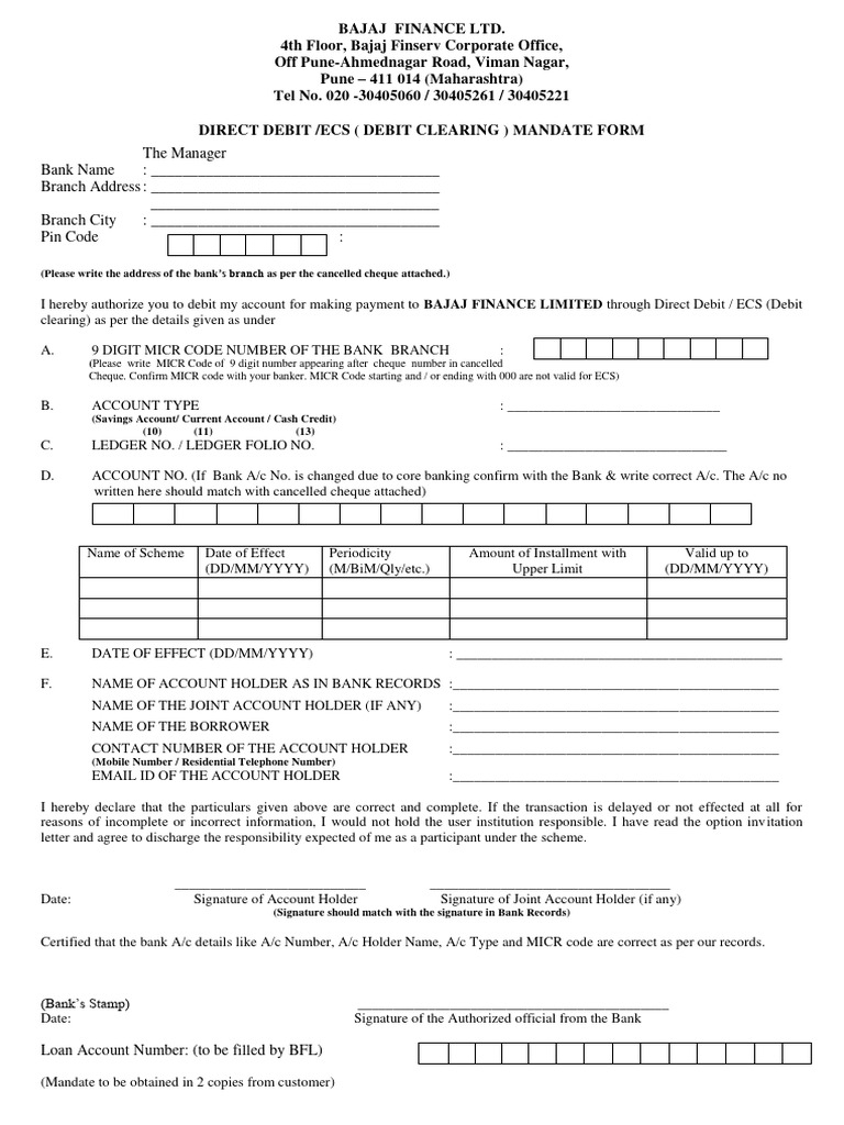 Bajaj Finance ECS Mandate Form | PDF | Cheque | Banks