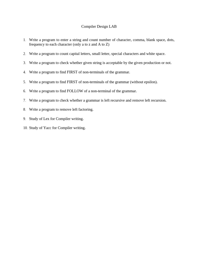Compiler Design Lab Exercises Guide | PDF