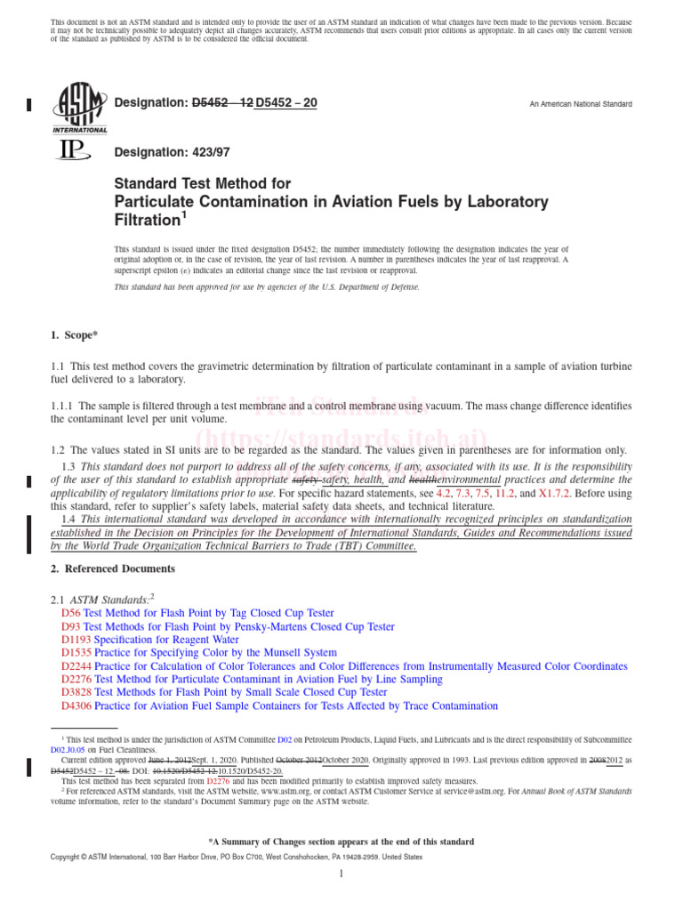 ASTM D5452: Aviation Fuel Contamination Test | PDF | Filtration ...