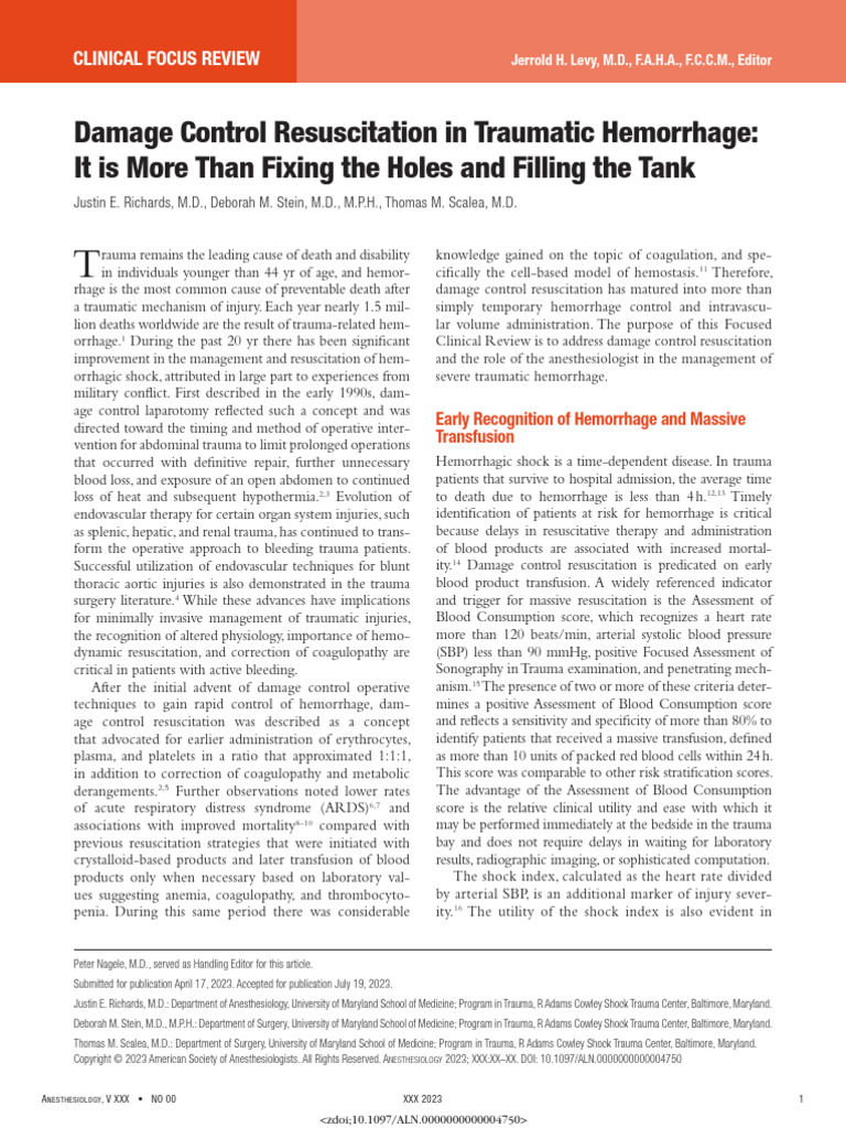 Damage Control Resuscitation in Traumatic Hemorrhage | PDF | Bleeding ...