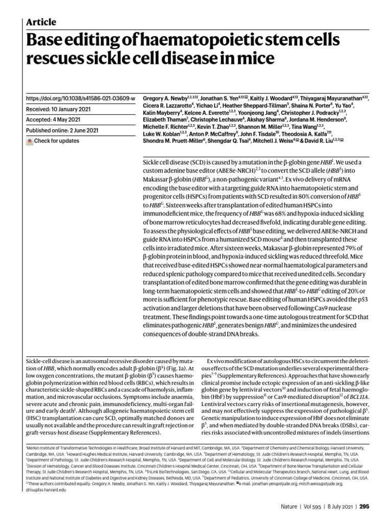 Base Editing of Haematopoietic Stem Cells Rescues Sickle Cell Disease ...