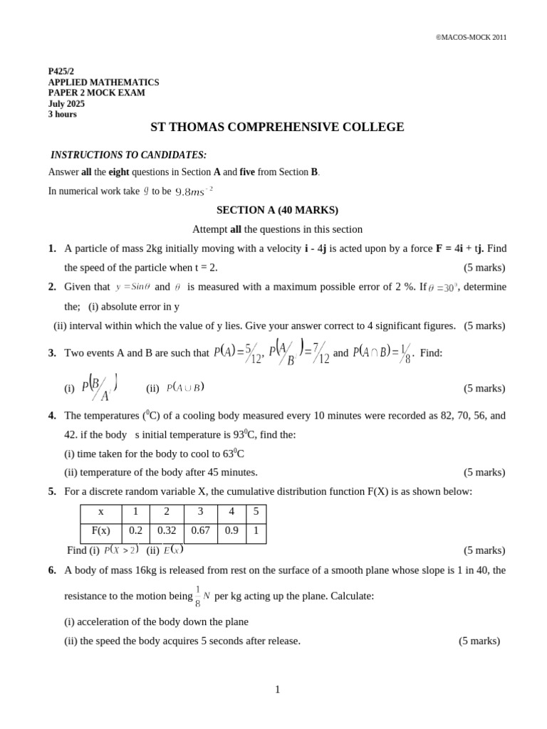 Applied Mathematics Mock Exam Paper | PDF | Temperature | Physics
