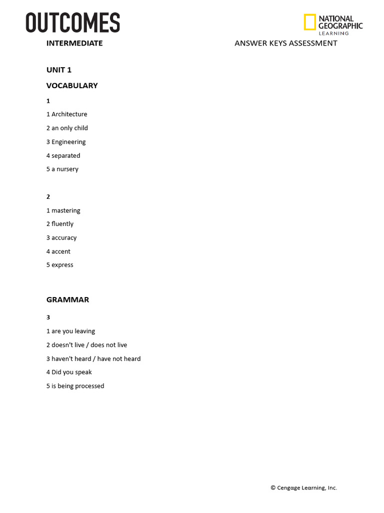 Outcomes3e Intermediate Assessment Test Answer Keys PDF AllUnits | PDF