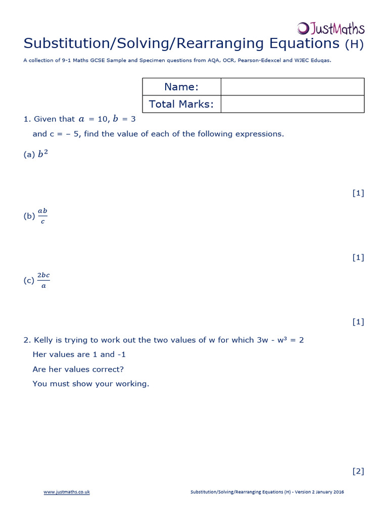 Lesson 9-H-Substitution-Solving-Rearranging-Equations-v2 | PDF ...