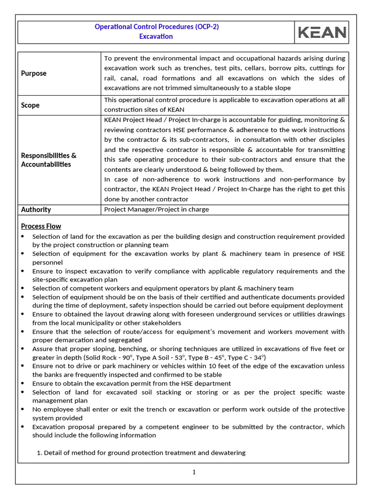 Excavation Operational Control Procedures | PDF | Personal Protective ...