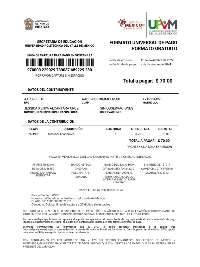 Formato de Pago Universitario 2024 | PDF | Bancos | Finanzas personales