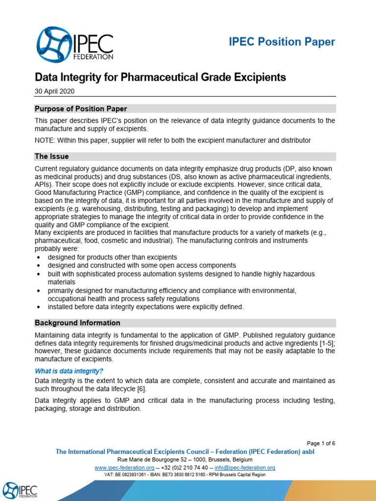 Ipec-Data-Integrity-For-Pharmaceutical-Grade-Excipients (April 2020) | PDF