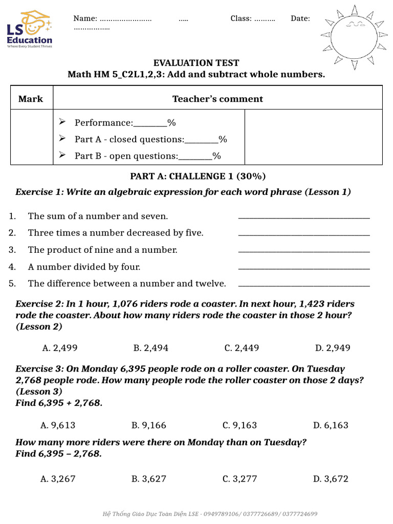 Math Evaluation Test: Whole Numbers | PDF | Mathematics | Arithmetic