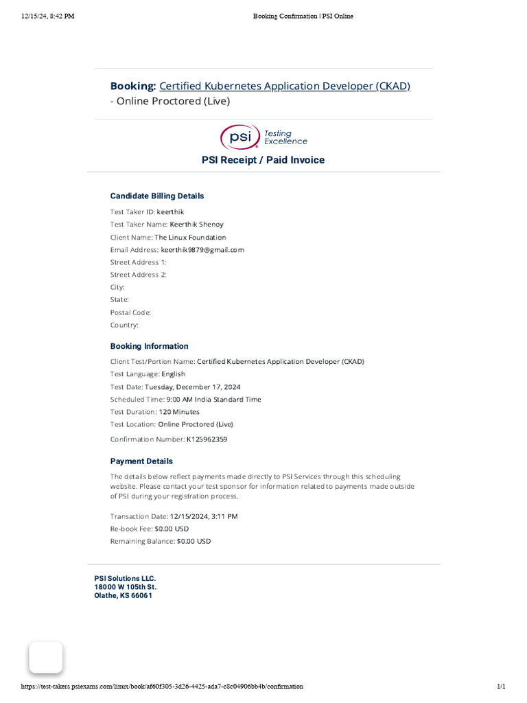 Booking Confirmation _ PSI Online | PDF