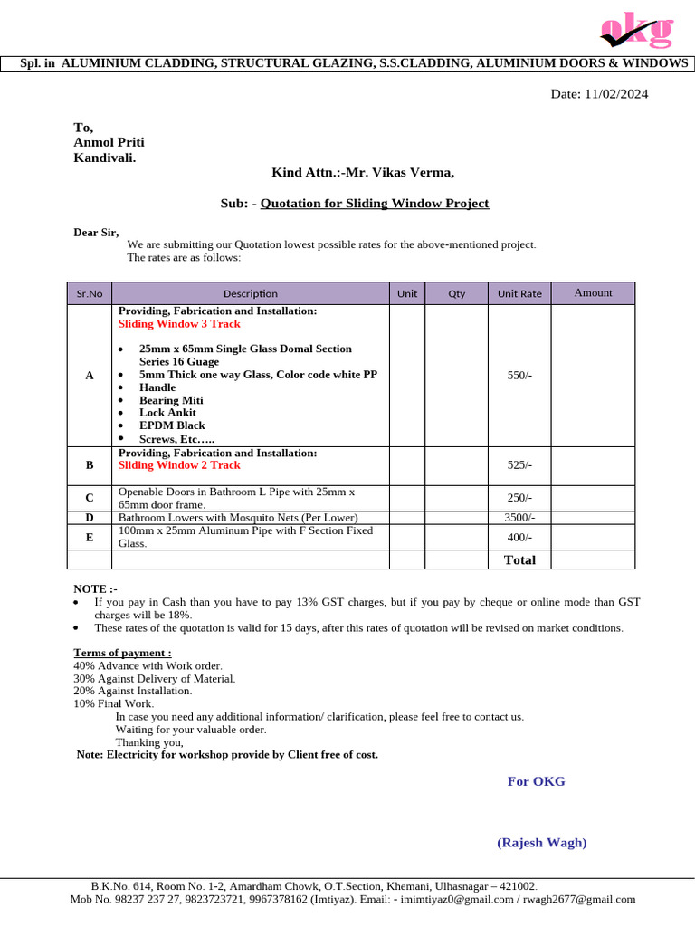 Quotation for Sliding Window Project | PDF | Window | Building Engineering