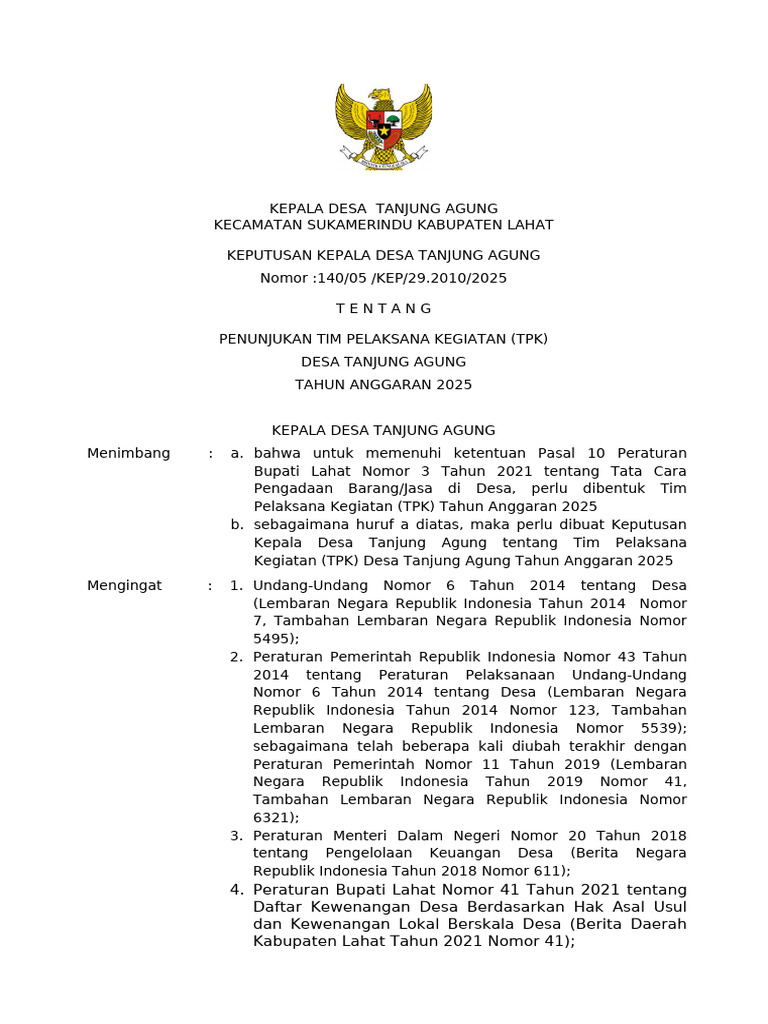 SK TPK Desa Tahun 2025 | PDF
