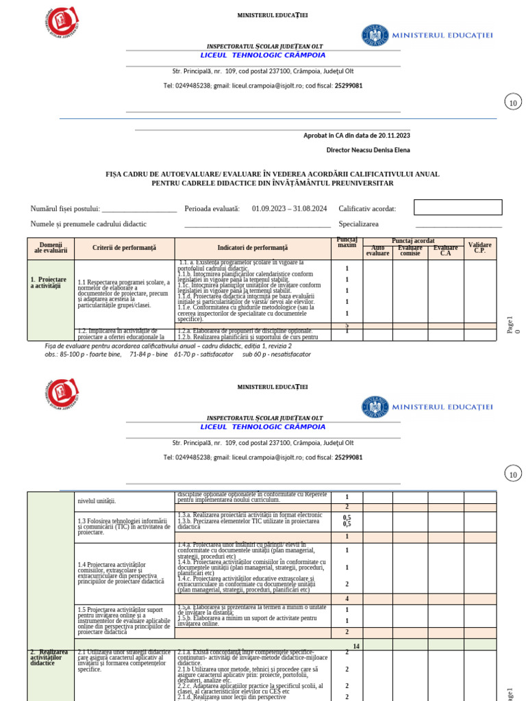 Fisa autoevaluare CADRE DIDACTICE (2) | PDF
