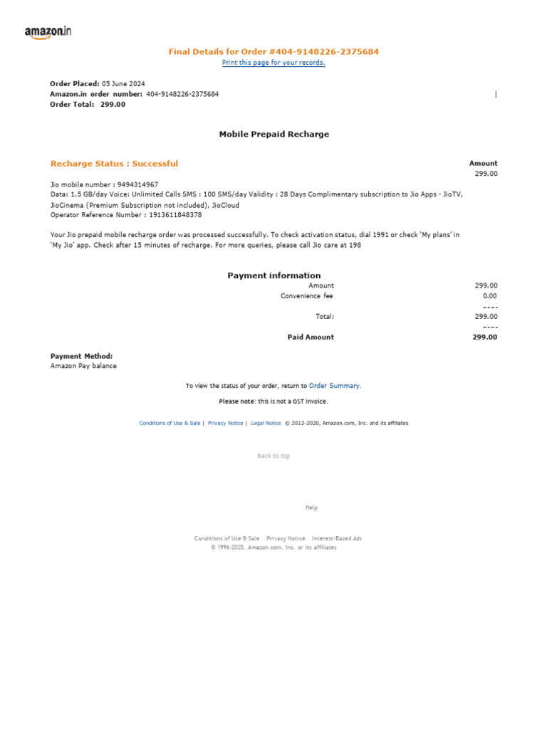 Successful Jio Mobile Recharge Order | PDF | Payments | Services ...