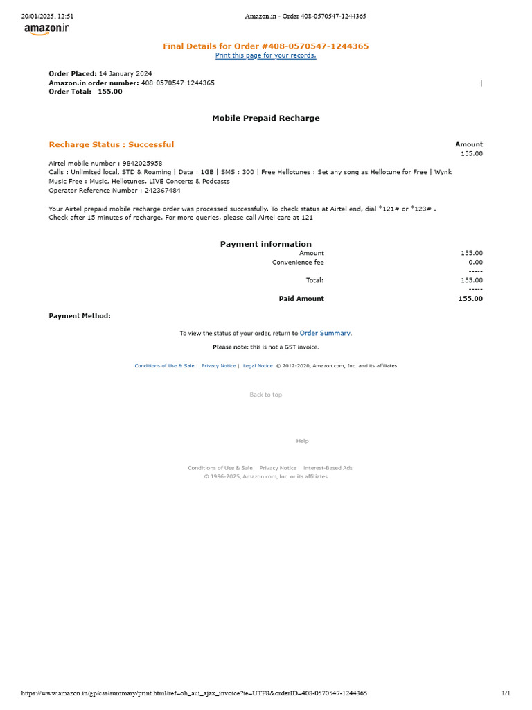 Recharge Amazon - in - Order 408-0570547-1244365 | PDF | Service ...