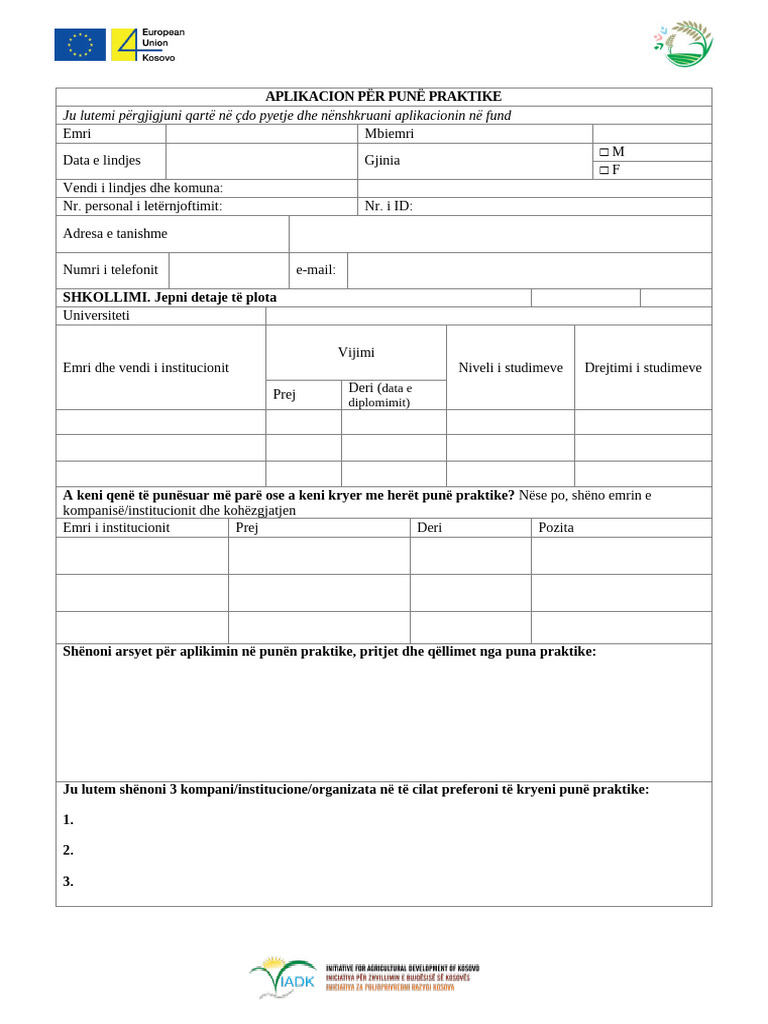 Formulari I Aplikimit Per Pune Praktike | PDF