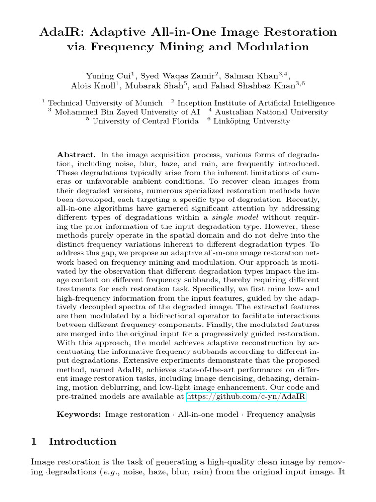 2024arxiv - AdaIR Adaptive All-In-One Image Restoration Via Frequency ...