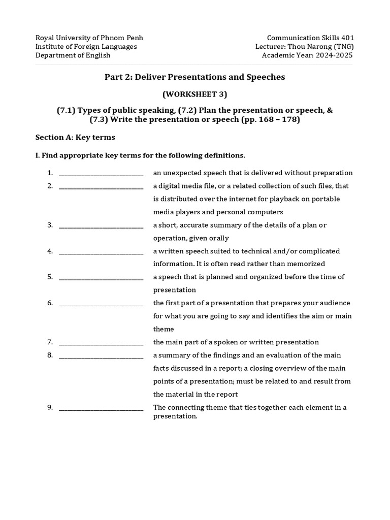 Cm401 Part 2 Worksheet 3 2024 25 Pdf Public Speaking Communication