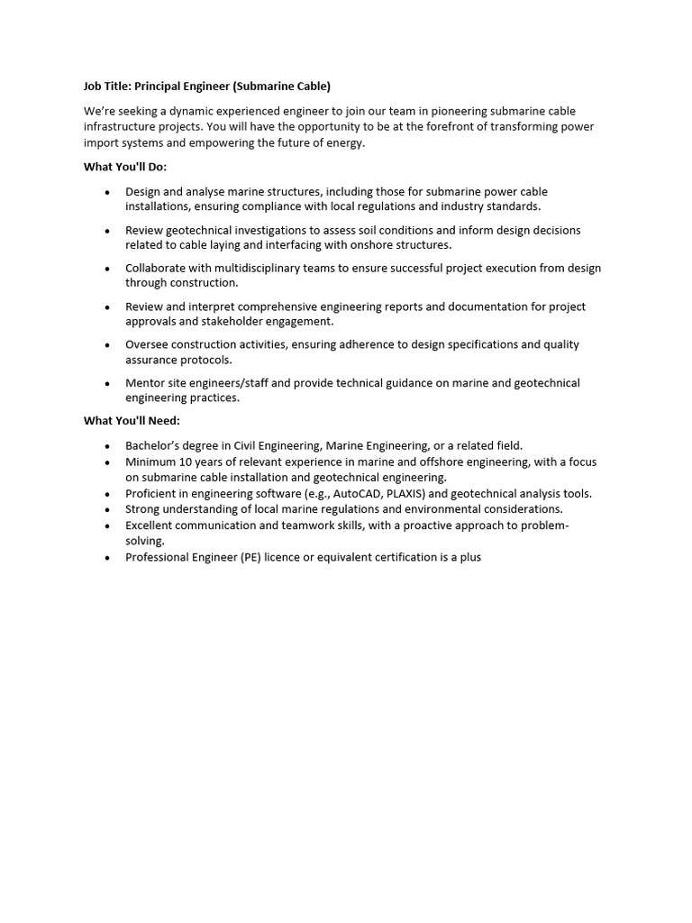 JD - Principal Engineer (Submarine Cable) | PDF