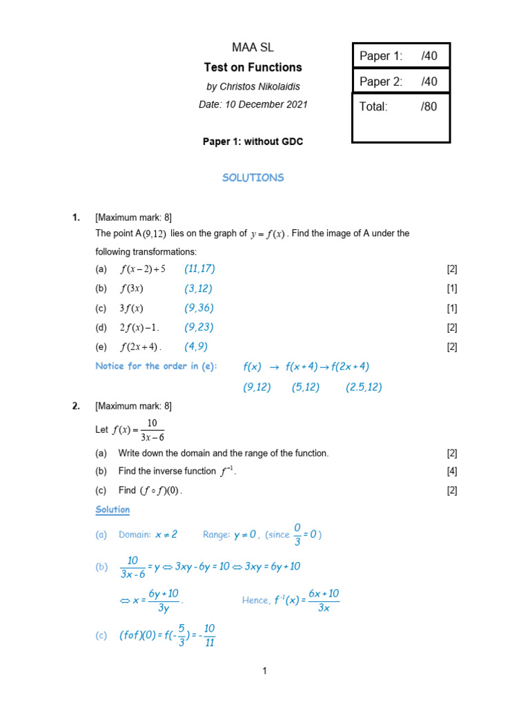 MAA SL Functions Test Solutions | PDF | Asymptote | Function (Mathematics)