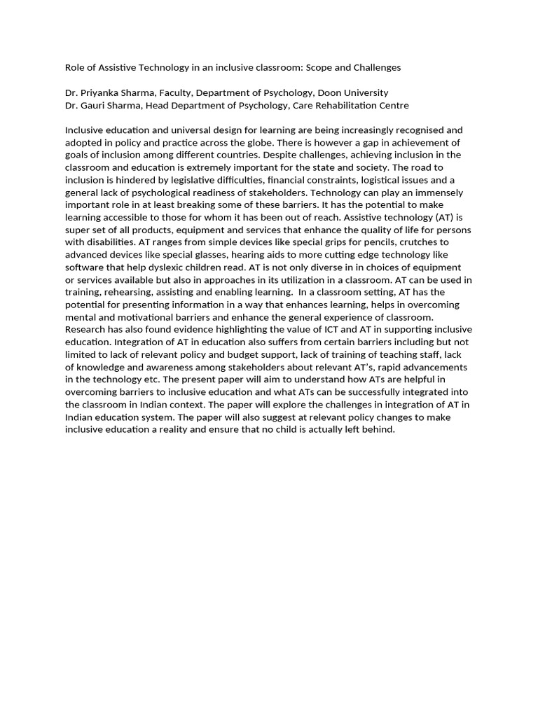 Role of Assistive Technology in An Inclusive Classroom | PDF ...