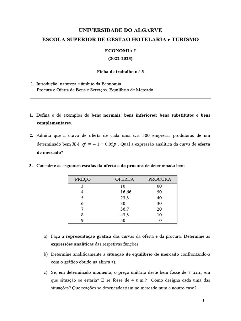 Ficha 3 Economia I (2022.23) | PDF | Oferta e procura | Demanda