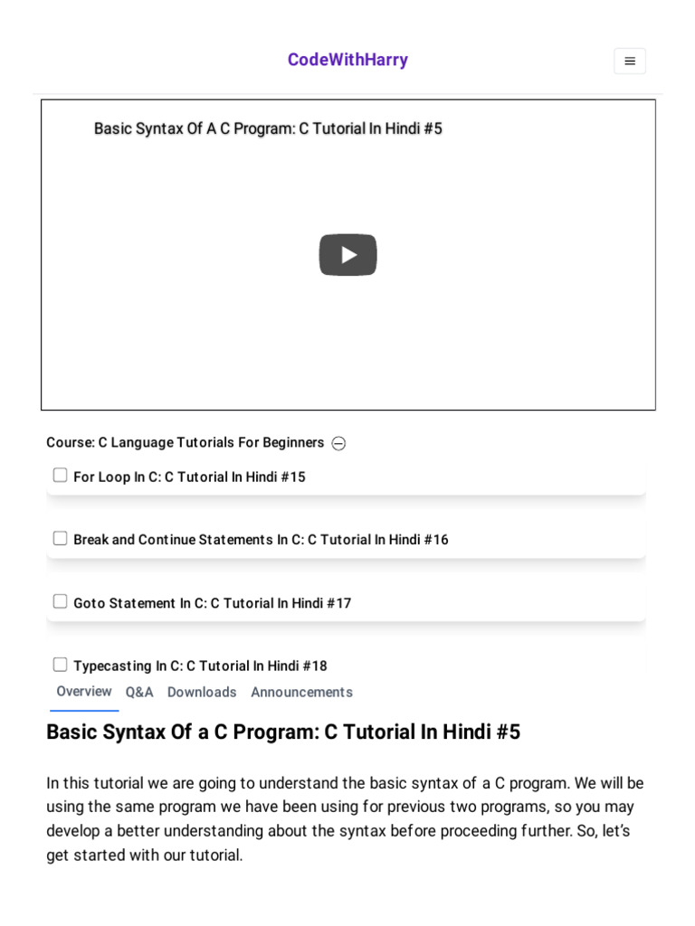 Basic Syntax of A C Program - C Tutorial in Hindi #5 - CodeWithHarry ...