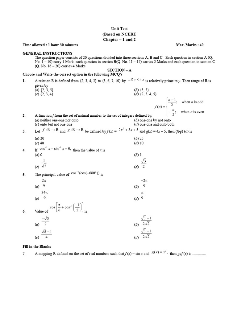 XII Maths Unit Test - NCERT - Chapter - 1 and 2 | PDF | Numbers ...